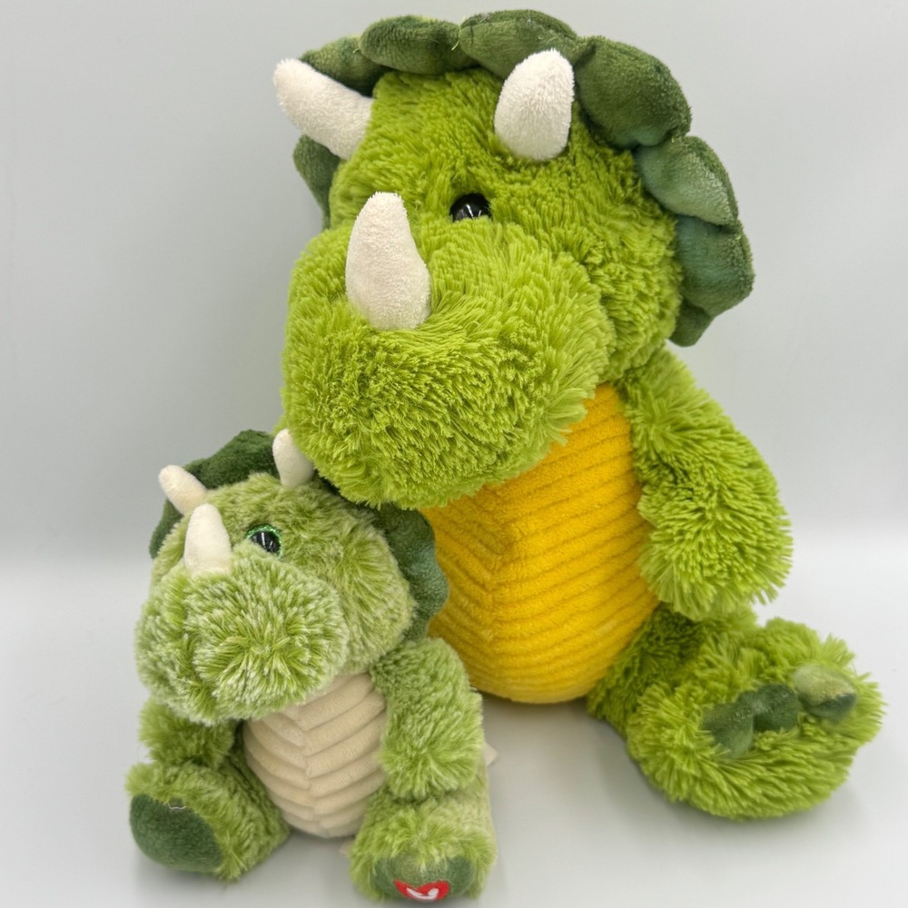 Kellytoy Triceratops Dinosaur Plush Set Fuzzy Green Yellow Mom Baby